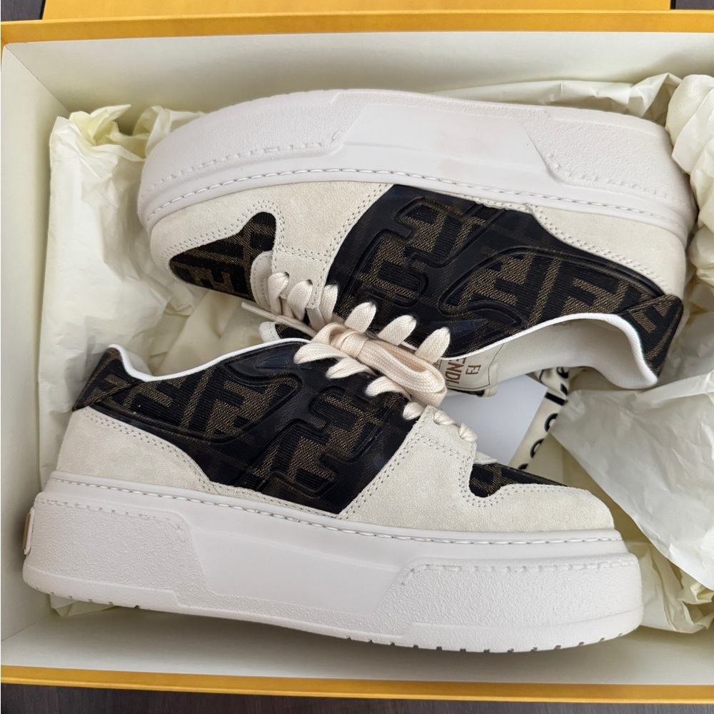 FENDI “MATCH” canvas and white suede platform low-tops